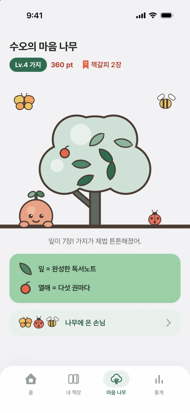 '수오의 마음 나무' 화면. 독서노트를 쓸 때마다 자라는 나무와 레벨, 포인트, 책갈피 수가 보인다.